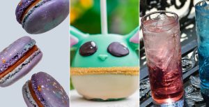 A collage image of the purple and red Galaxy Caramel macarons from Kayla’s Cake; a Grogu caramel apple, with marshmallow ears and big black eyes, and two Ralph Brennan’s Jazz Kitchen beverages—the red Rebel cocktail and the blue Empire cocktail; each is in a tall clear glass, with ice, set on a black wrought iron table.