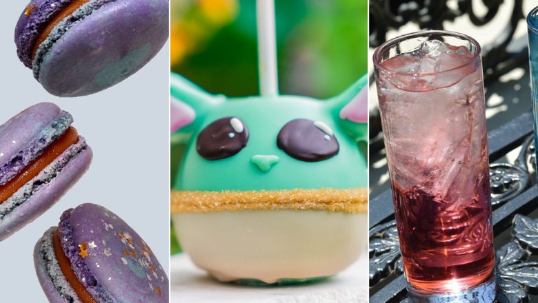 A collage image of the purple and red Galaxy Caramel macarons from Kayla’s Cake; a Grogu caramel apple, with marshmallow ears and big black eyes, and two Ralph Brennan’s Jazz Kitchen beverages—the red Rebel cocktail and the blue Empire cocktail; each is in a tall clear glass, with ice, set on a black wrought iron table.