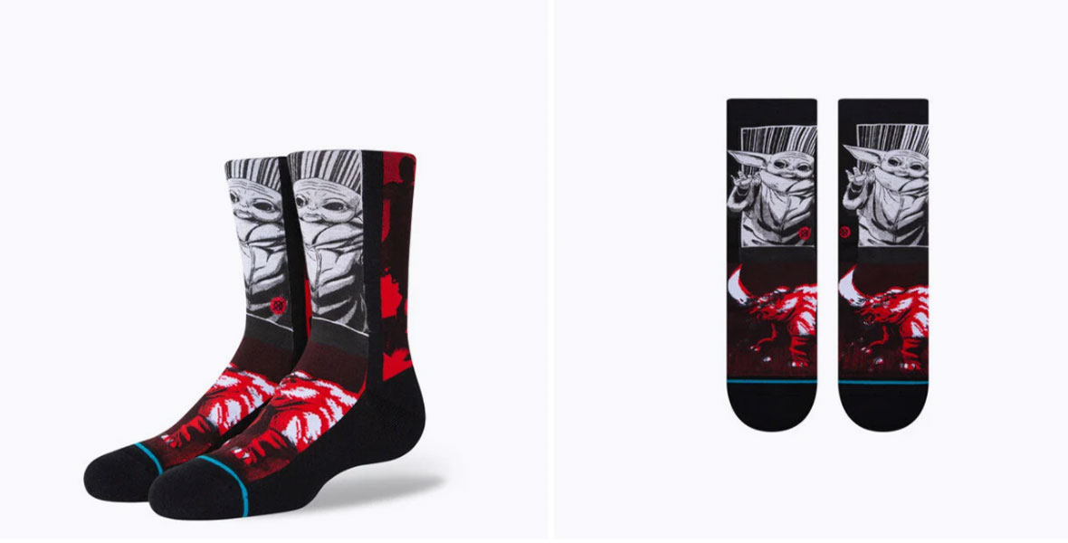 Image of black Yoda Men’s socks from CA Sole, with a black-and-white image of Grogu and other red and white designs.