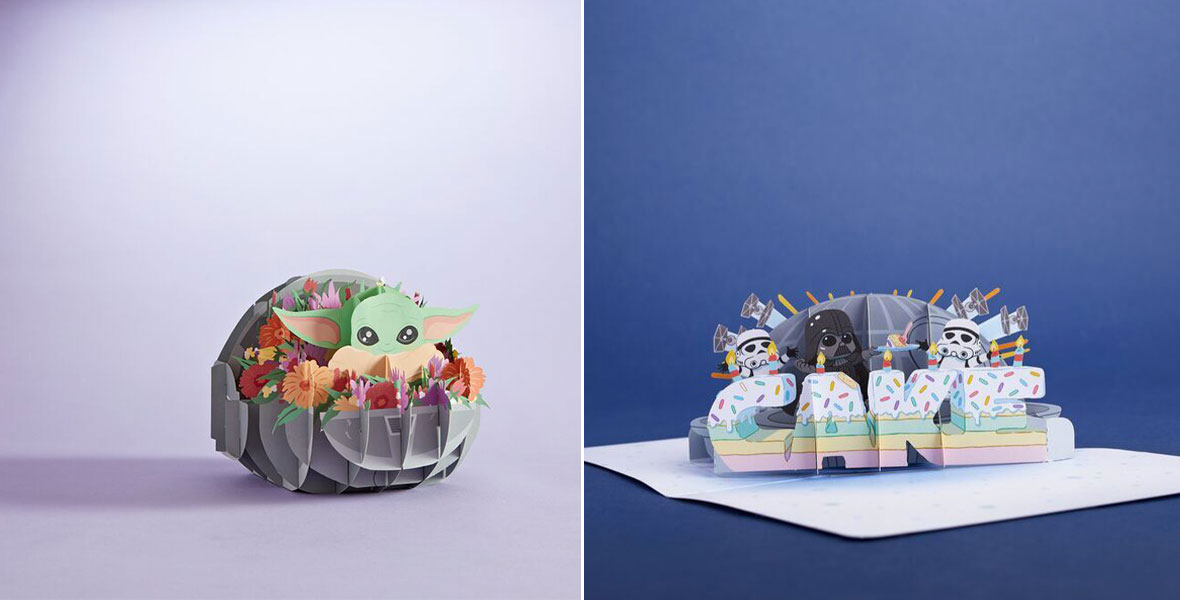 Side-by-side image of two 3D greeting cards from Lovepop—one of Grogu surrounded by colorful flowers, and the other of the word “Cake” written as if made of a pastel layered cake with sprinkles, behind which are adorable images of Darth Vadar and two Storm Troopers against a Death Star background.