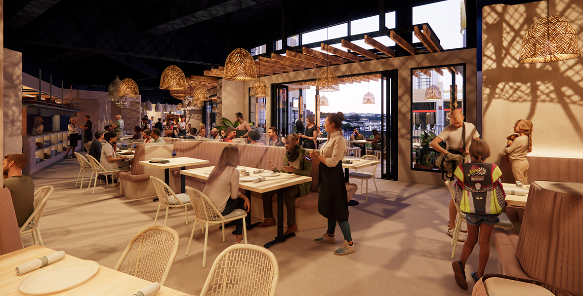 Concept art of an outdoor seating area, reimagined as the Centrico restaurant.