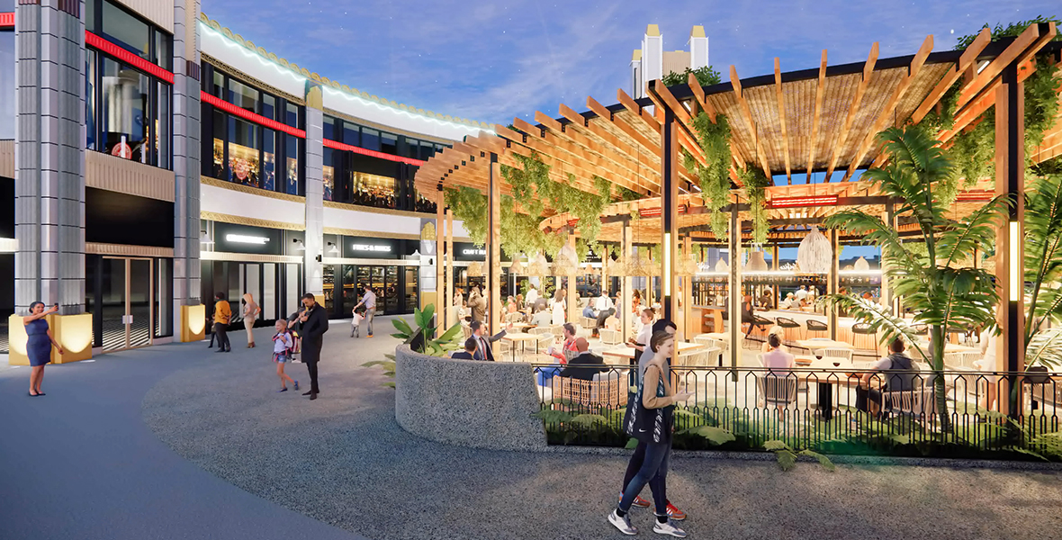 Concept art of guests dining indoors at the Paseo restaurant, which will be part of the Downtown Disney District’s new transformation.