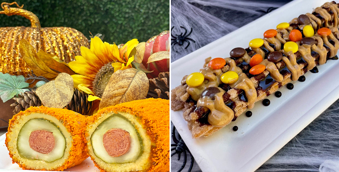 A split image featuring the Cheddar Pickle Dog on the left and the Spooky Churro on the right, both displayed with Halloween décor around them.