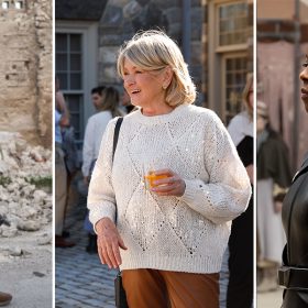 From left to right: José Andrés walking through rubble from collapsed building remains in Haiti after a 2021 earthquake in the documentary film We Feed People. Martha Stewart looks on as she holds a beverage in the series The Great American Tag Sale with Martha Stewart. Actress Moses Ingram portrays Reva in the new Obi-Wan Kenobi.