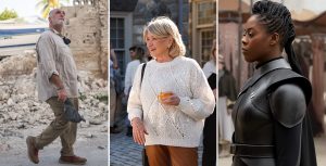 From left to right: José Andrés walking through rubble from collapsed building remains in Haiti after a 2021 earthquake in the documentary film We Feed People. Martha Stewart looks on as she holds a beverage in the series The Great American Tag Sale with Martha Stewart. Actress Moses Ingram portrays Reva in the new Obi-Wan Kenobi.