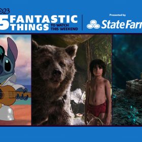 Stitch (voiced by Chris Sanders) dresses as Elvis Presley while playing guitar on the beach in the animated film Lilo & Stitch. Baloo (voiced by Bill Murray) and Mowgli (Neel Sethi) stand in thick grass in the live-action adaptation of The Jungle Book. Baby Groot (voiced by Vin Diesel) in Guardians of the Galaxy Vol. 2