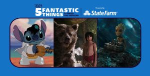 Stitch (voiced by Chris Sanders) dresses as Elvis Presley while playing guitar on the beach in the animated film Lilo & Stitch. Baloo (voiced by Bill Murray) and Mowgli (Neel Sethi) stand in thick grass in the live-action adaptation of The Jungle Book. Baby Groot (voiced by Vin Diesel) in Guardians of the Galaxy Vol. 2