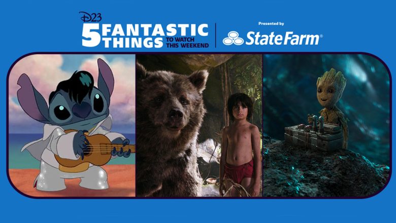 Stitch (voiced by Chris Sanders) dresses as Elvis Presley while playing guitar on the beach in the animated film Lilo & Stitch. Baloo (voiced by Bill Murray) and Mowgli (Neel Sethi) stand in thick grass in the live-action adaptation of The Jungle Book. Baby Groot (voiced by Vin Diesel) in Guardians of the Galaxy Vol. 2