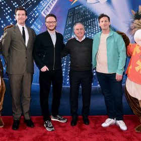(Left to Right) John Mulaney, Akiva Schaffer, Alan Bergman, and Andy Samberg, with the characters Chip and Dale, attend the Chip ‘n Dale: Rescue Rangers premiere at The El Capitan Theatre in Hollywood, California.