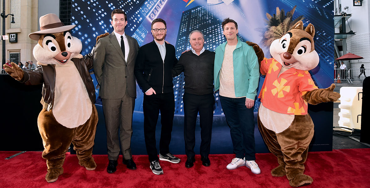 (Left to Right) John Mulaney, Akiva Schaffer, Alan Bergman, and Andy Samberg, with the characters Chip and Dale, attend the Chip ‘n Dale: Rescue Rangers premiere at The El Capitan Theatre in Hollywood, California.