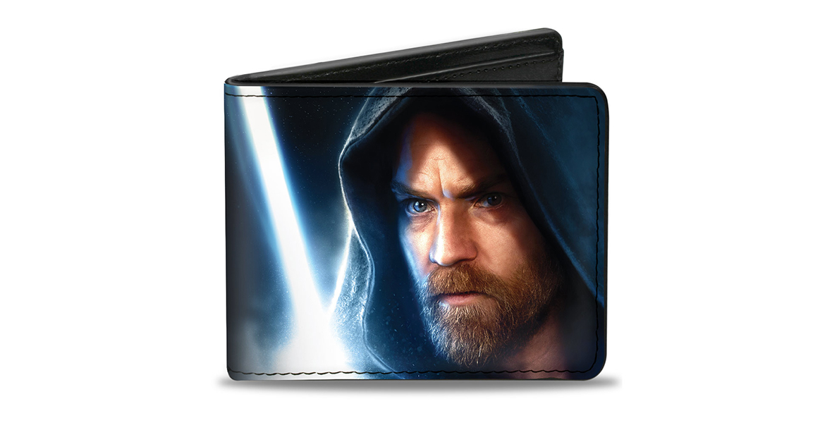 A black wallet featuring Ewan McGregor as Obi-Wan Kenobi, holding a blue lightsaber and wearing a dark cloak. 