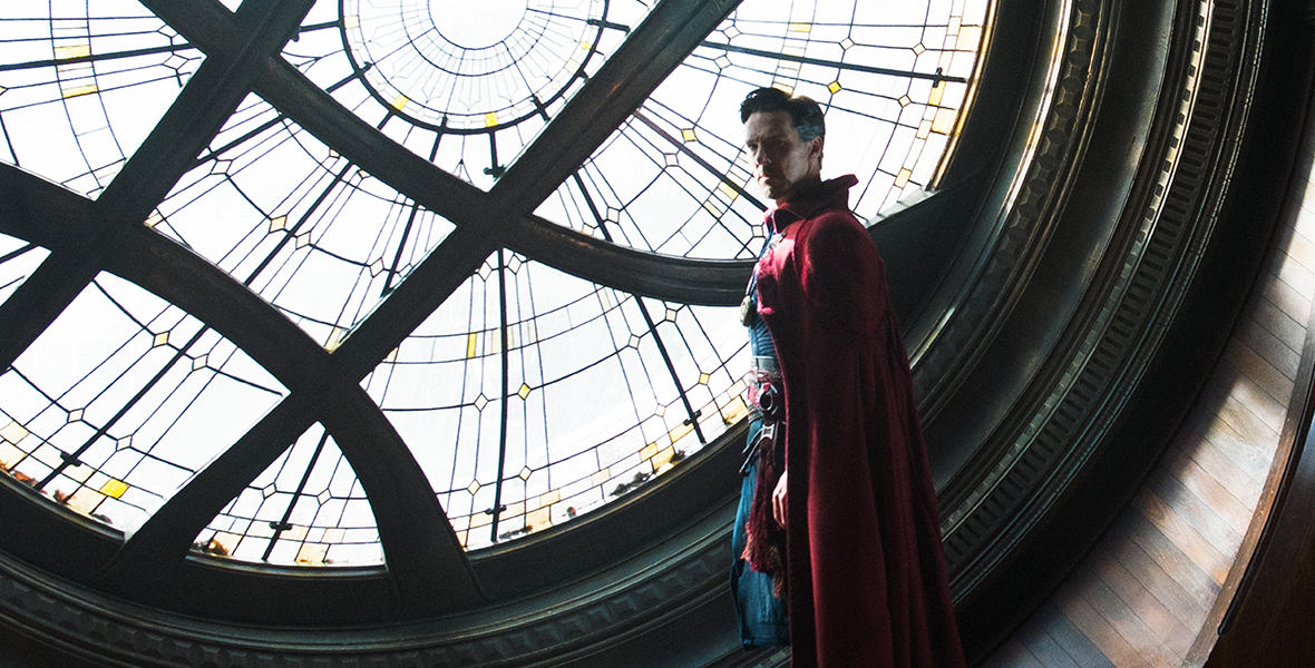 Doctor Strange stands near the Window of the Worlds in the Sanctum