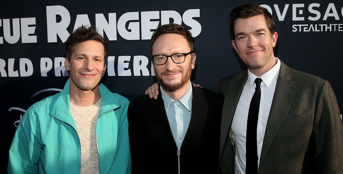 (Left to Right) Andy Samberg, Akiva Schaffer, and John Mulaney attend the Chip ‘n Dale premiere at El Capitan Theatre in Hollywood, California.