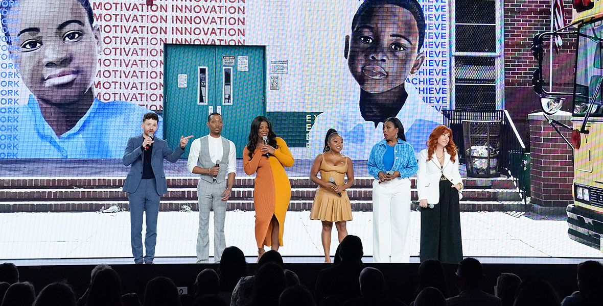 The stars of Abbott Elementary appear onstage during The Walt Disney Company’s 2022 Upfront presentation.