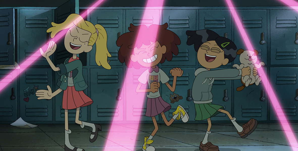 Anne and her pals dance by the lockers during an episode of the animated series Amphibia.