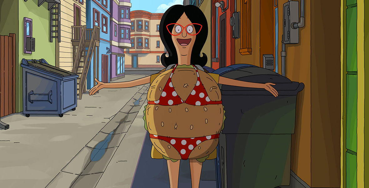 Linda Belcher (voiced by John Roberts) wears a burger costume with a red bikini with white polka dots on top in 20th Century Studios’ The Bob’s Burgers Movie.