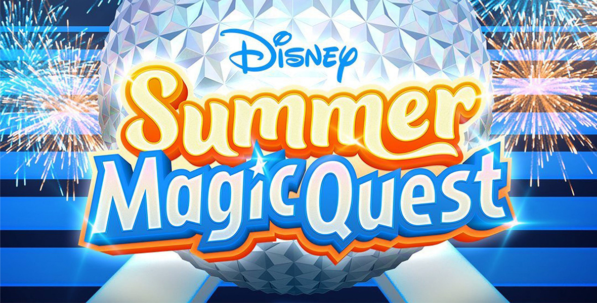 Logo for Disney’s Summer Magic Quest, featuring EPCOT’s Spaceship Earth attraction set against a blue-and-black-striped background and colorful fireworks.