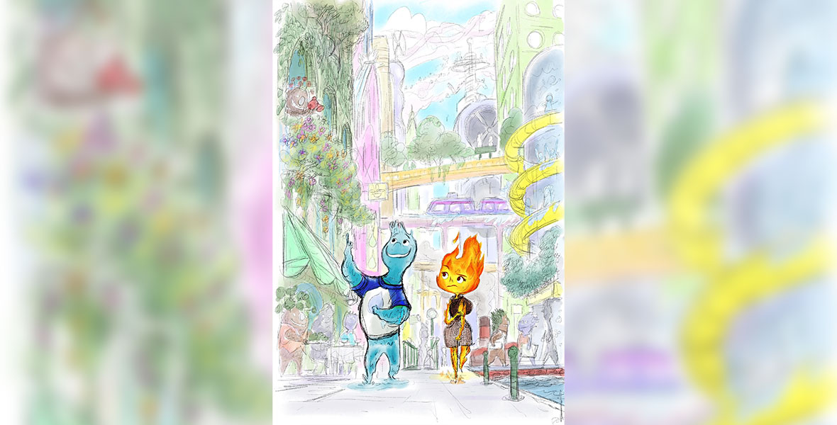 Concept art for Disney and Pixar’s Elemental, depicting two animated characters—Wade, whose body is made of water and is wearing a blue and white shirt, and Ember, whose body is made of a fire flame and is wearing a dark shirt and lighter-colored shorts. They’re walking down a bustling urban street.