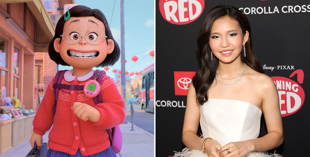 Rosalie Chiang standing on the red carpet at the premiere of Disney and Pixar’s Turning Red, wearing a white dress—the bottom half covered in feathers.