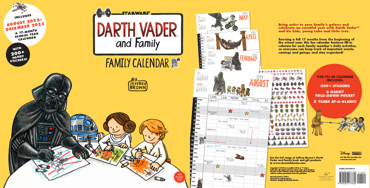 An illustration of Darth Vader, R2-D2, and young Princess Leia Organa and Luke Skywalker, sitting at a table and drawing pictures. The image includes the logo for the Darth Vader and Family Calendar