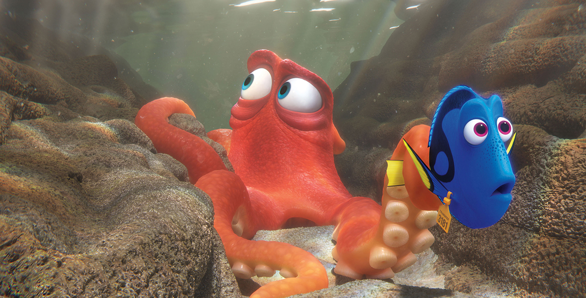 Dory and Hank explore the ocean adjacent to the Marine Life Institute