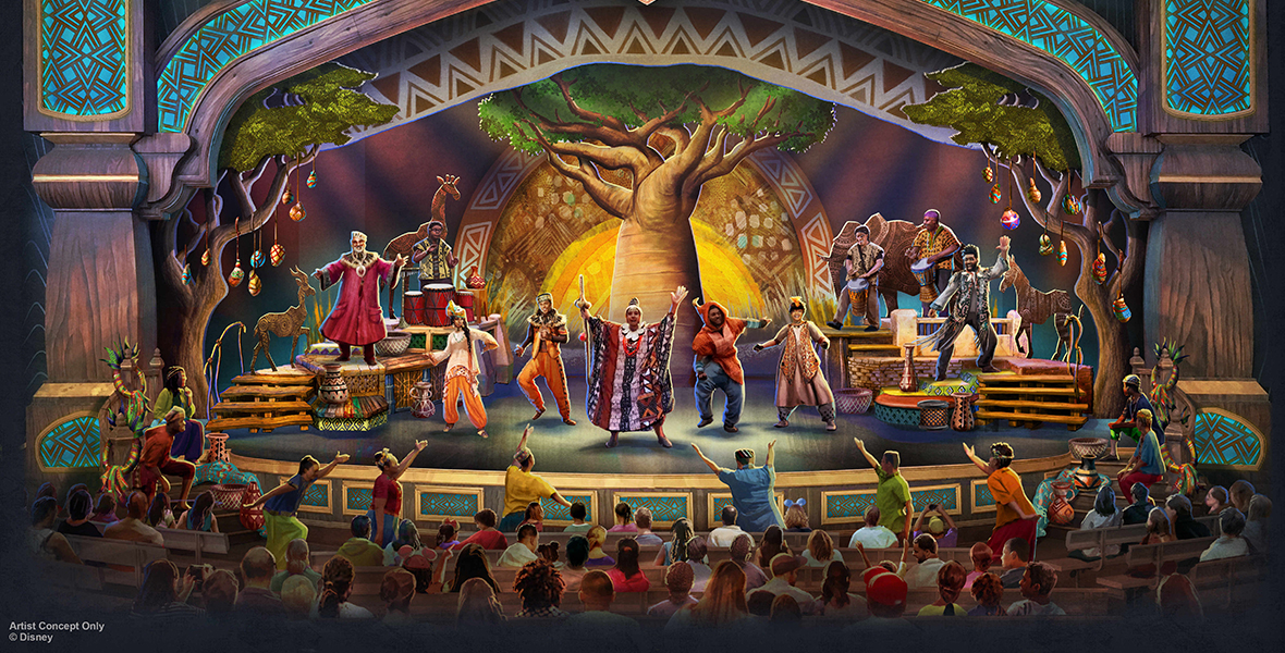 An artist’s rendering of Tale of the Lion King on stage at Disneyland’s Fantasyland Theatre—with 20 colorfully dressed performers, some carrying drums. There’s a large, leafy tree set piece at center stage.