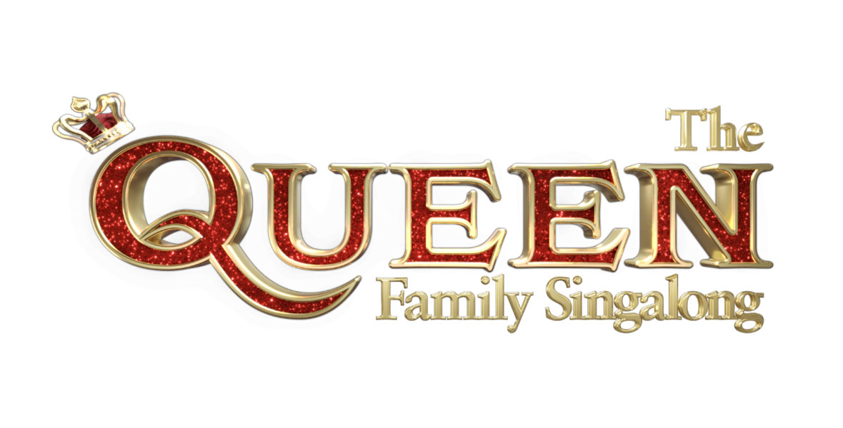 Key art for the ABC TV special The Queen Family Singalong, which includes a red glittery font and crown on top of the “Q.”