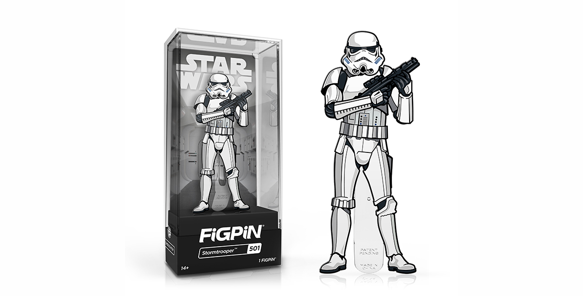 A FiGPiN of a stormtrooper holding a blaster, depicted both in and out of packaging.