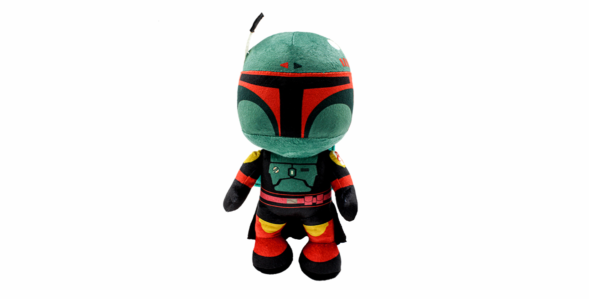 A plush of Boba Fett in his armor, styled like his depiction in The Book of Boba Fett.