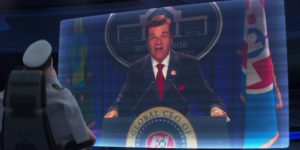 Fred Willard as Shelby Forthright appears on a large hologram screen. Captain McCrea is visible from the back in his hover chair. Forthright stands in front of a podium, addressing the humans of planet Earth.