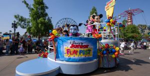 Disney Junior Fun Fest parade float with Mira, Vampirina, Mickey Mouse and Minnie Mouse make their way around Disney California Adventure