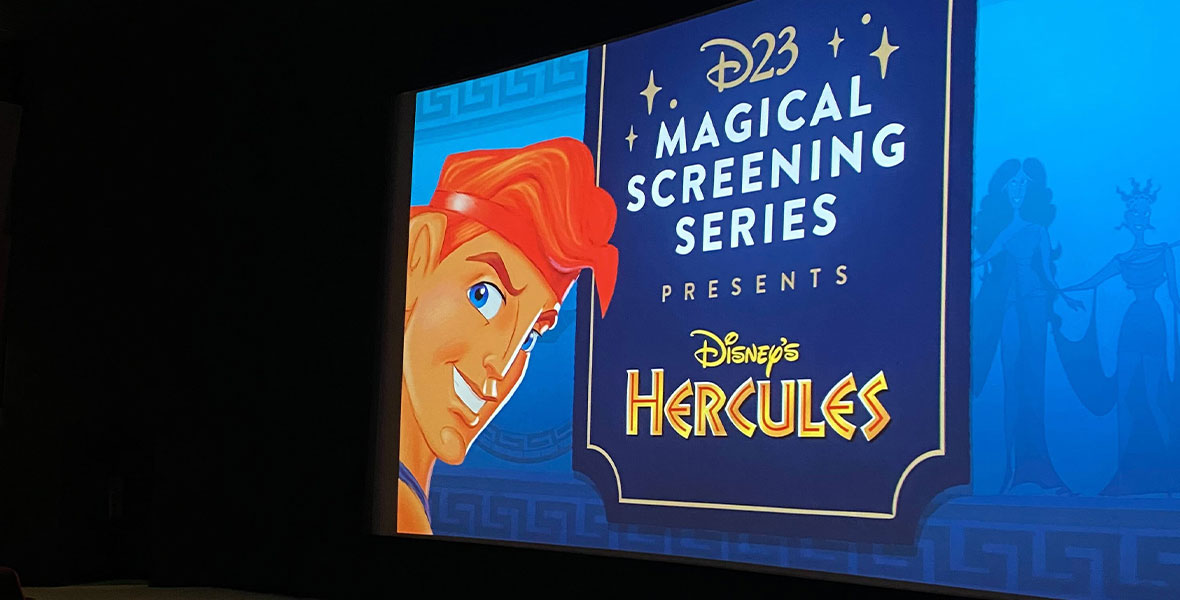 The movie theater screen, showing the “Hercules Magical Screening” logo, with a picture of Hercules on a blue background.