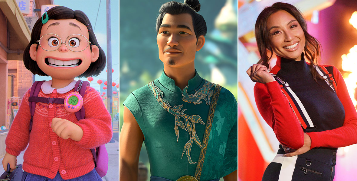 Side by side image of Mei, dressed in a red shirt and walking down the street, from Turning Red; young Raya with her father walking, with lush greenery behind them, from Raya and the Last Dragon; and Jeannie Mai, dressed in a red, white, and black outfit, from Holey Moley.