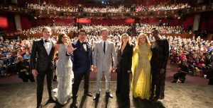 Stars Adam Hugill, Xochitl Gomez, Benedict Wong, Benedict Cumberbatch, Elizabeth Olsen, Rachel McAdams, and Sheila Atim pose on stage at the Doctor Strange in the Multiverse of Madness world premiere at the Dolby Theatre in Hollywood, California, on Monday, May 2, 2022.