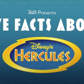 Blue background with the words 'D23 Presents Give Facts About Hercules.'
