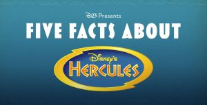 Blue background with the words 'D23 Presents Give Facts About Hercules.'