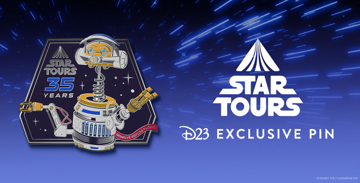 A pin featuring Captain RX-24 from Star Tours, with “Star Tours 35 Years” written on it. The pin is against a starfield background and beside the text “Star Tours D23 Exclusive Pin”