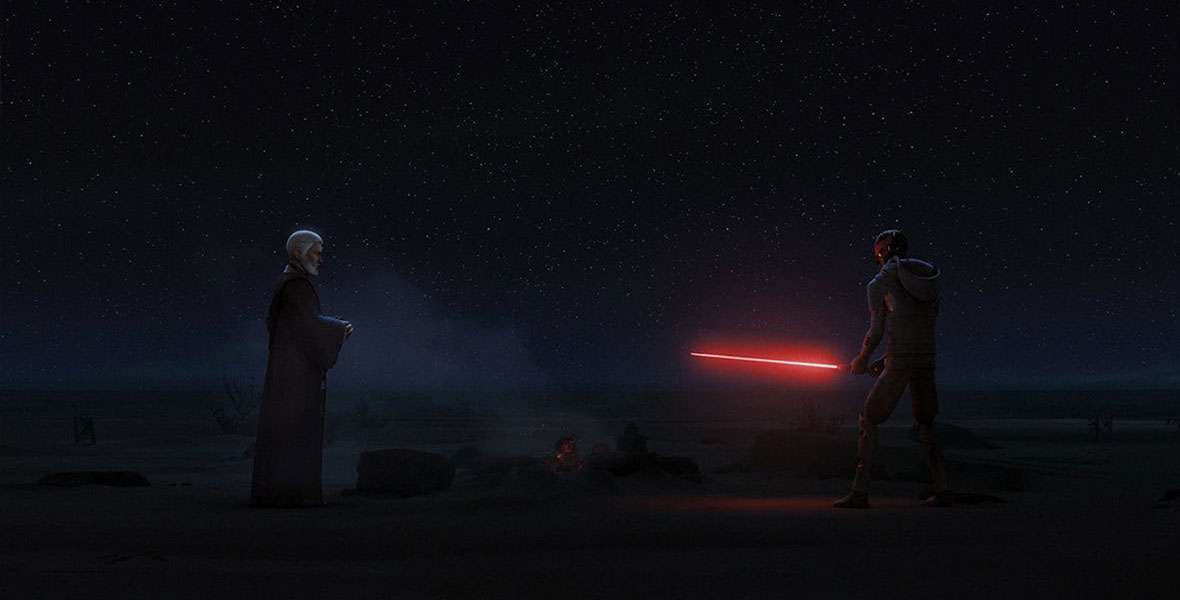 In darkness only lit by a red lightsaber, Obi-Wan Kenobi and Darth Maul face each other in an empty desert.