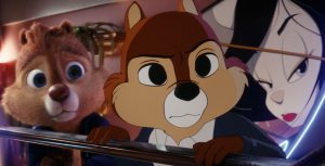 Dale (voiced by Andy Samberg) in CGI animation and Chip (voiced by John Mulaney) in 2-D animation with nervous expressions.
