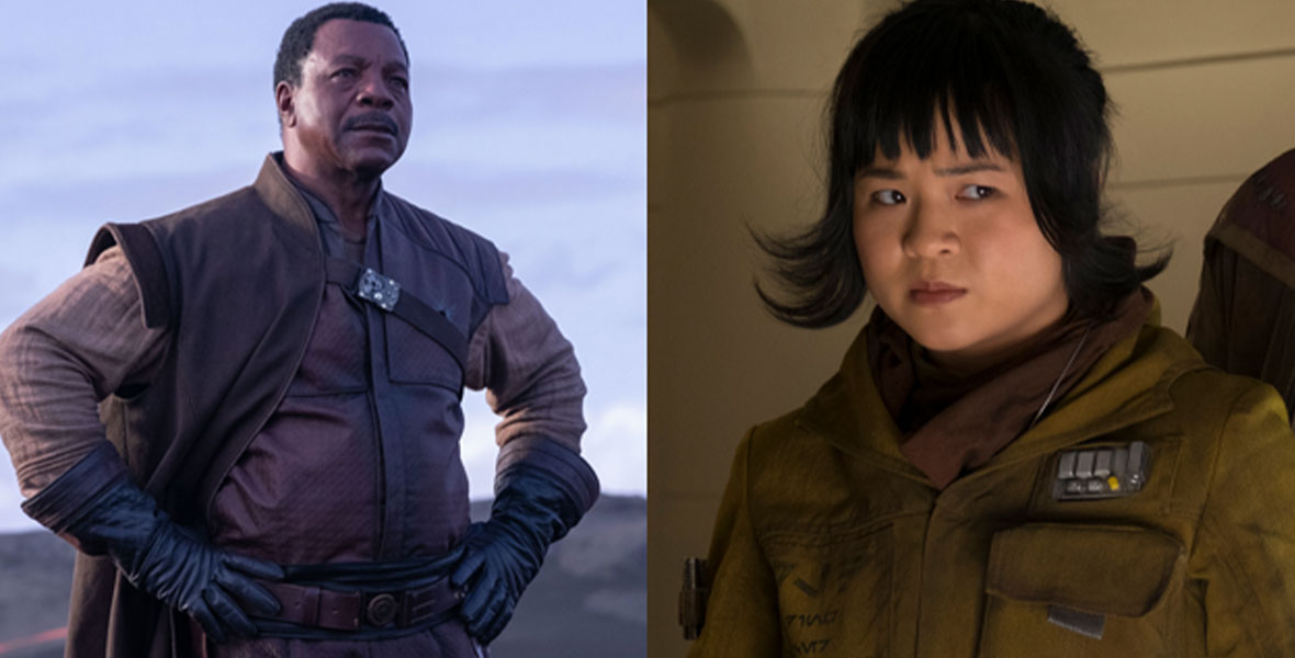 Carl Weathers, in character as Greef Karga, stands with his hands on his hips looking off into the distance in The Mandalorian series. Kelly Marie Tran, in character as Rose Tico, onboard The Raddus in Star Wars: The Last Jedi.