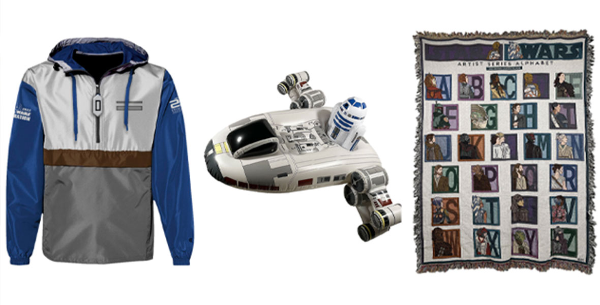 Exclusive merchandise at the Star Wars Celebration Store includes a Clone Pattern button-up in honor of the 20th anniversary of Star Wars: Attack of the Clones, X-Wing Pool Float with Removable R2-D2, and a woven ABC throw blanket by Karen Hallion.