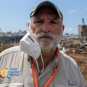 José Andrés in front of the recently exploded Beirut port in the documentary We Feed People.