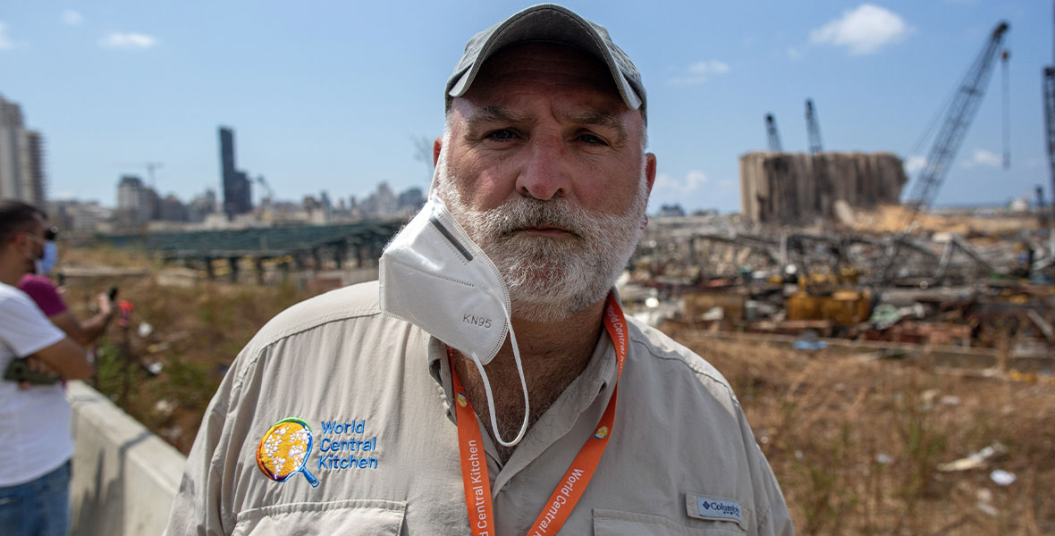 Jos&eacute; Andr&eacute;s in front of the recently exploded Beirut port in the documentary We Feed People.