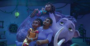 Roxy and Rollo are sitting up against Murphy the purple elephant, and Eureka is sitting on top of him, and they are all looking up at the sky, in an image from Disney Junior’s Eureka! Roxy is wearing a yellow and red dress; Rollo is wearing a purple shirt and pants; and Eureka is wearing a teal shirt and a pink skirt.