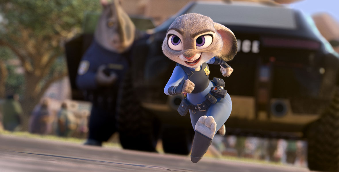 Judy Hopps (voiced by Ginnifer Goodwin) runs in pursuit of a crisis in the Disney animated film Zootopia.