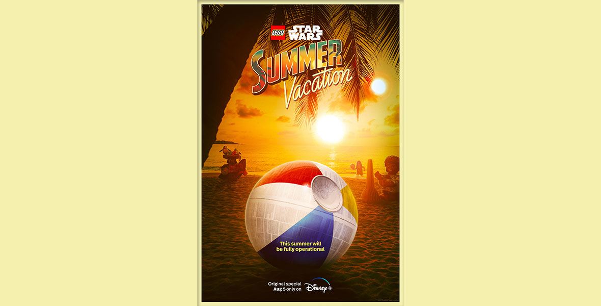 The Death Star, painted like a beach ball, sits on a beach in front of LEGO Finn building a sandcastle and Darth Vader walking up with two Porgs perched on his sun hat. At the top of the image is the logo for LEGO® Star Wars Summer Vacation