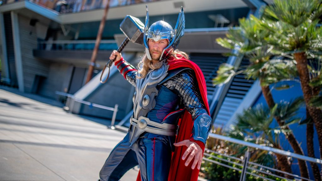 Thor, who crosses the Bifrost from Asgard to appear at Avengers Campus at Disney California Adventure Park, encounters recruits with his mythic hammer, Mjolnir, in hand. At Avengers Campus, the new land inside Disney California Adventure Park, Super Heroes from across time and space have arrived and are dedicated to training the next generation of Super Heroes. (Christian Thompson/Disneyland Resort)