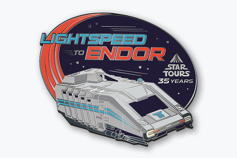 A pin featuring the Starspeeder 3000 from Star Tours, accompanied by the text “Lightspeed to Endor” and “Star Tours 35 Years.”