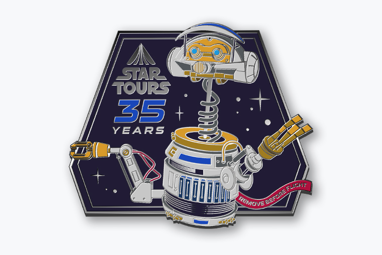 A pin featuring Captain RX-24 from Star Tours, with “Star Tours 35 Years” written on it.