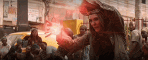 Wanda Maximoff destroys a building in Lagos in Captain America: Civil War.